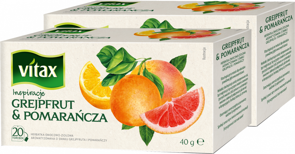 2x Herbata owocowa w torebkach Vitax Inspirations, grejpfrut i pomarańcza, 20 sztuk x 2g