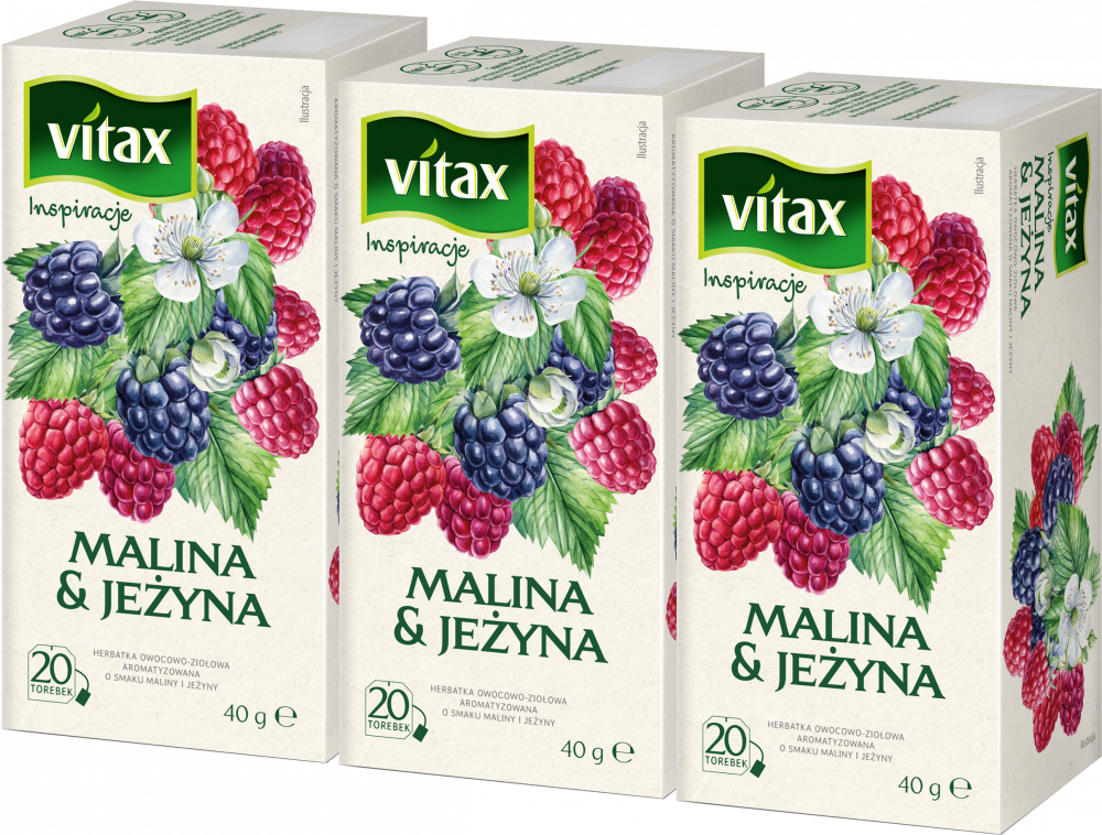 3x Herbata owocowa w torebkach Vitax Inspirations, malina i jeżyna, 20 sztuk x 2g