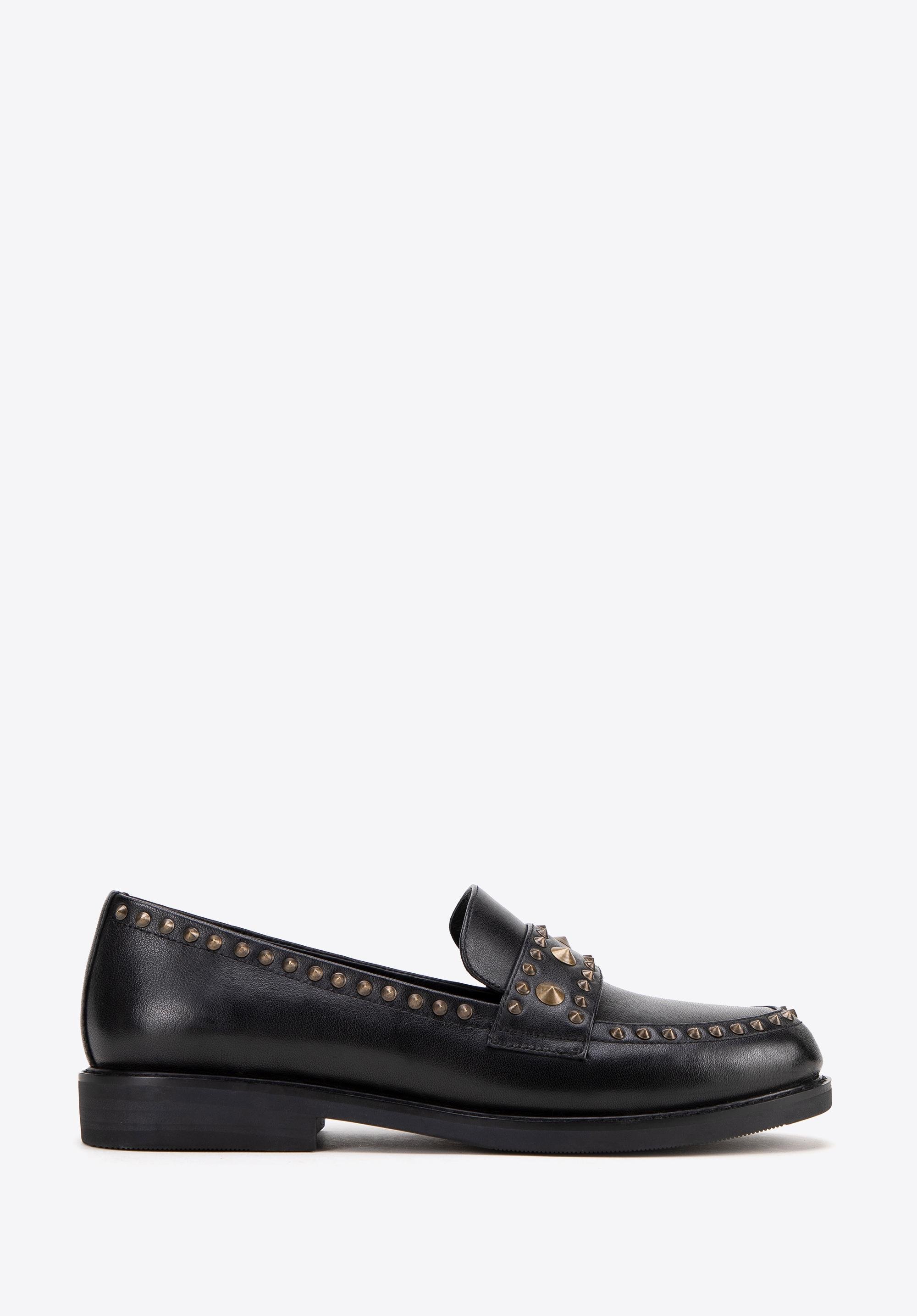 Damskie loafersy skórzane z ozdobnymi nitami czarne