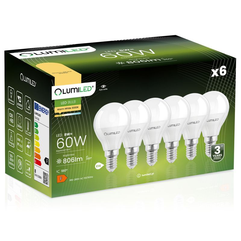 Żarówka LED LUMILED E14 P45 8W 806lm 3000K 180st 6 szt.