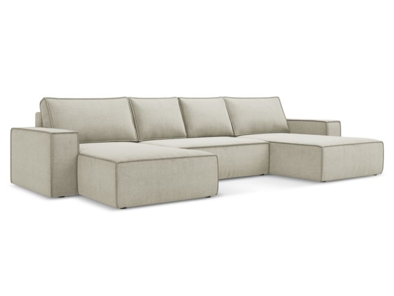 Sofa panoramiczna z funkcją spania Makamii Kimo z tkaniny strukturalnej 398x185 cm jasny beż 1 szt.