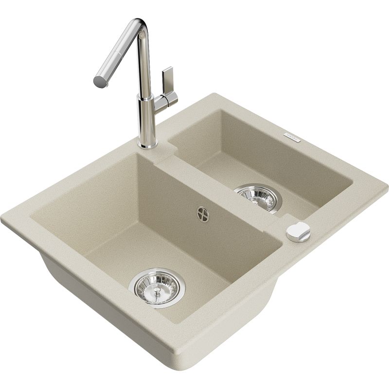 Zlewozmywak granitowy 1.5-komorowy Mexen Carlos z baterią kuchenną Flora beżowy 6518-69-670401-00