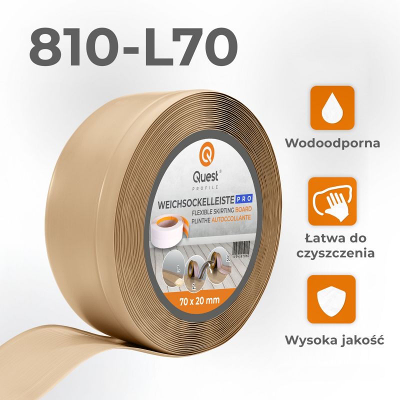 Listwa przypodłogowa PCV 70x20mm, QUEST, elastyczna, miękka listwa podłogowa, cokołowa, piaskowy, 5m