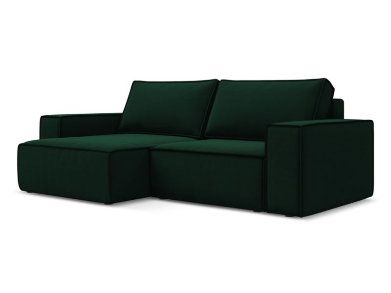 Narożnik lewostronny z funkcją spania Makamii Kimo z tkaniny welwetowej 257x148 cm butelkowa zieleń 1 szt.