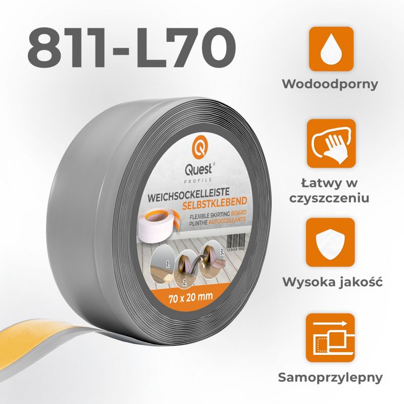 Listwa przypodłogowa PCV 70x20mm, QUEST, samoprzylepna elastyczna, miękka listwa podłogowa, cokołowa, szary, 25m