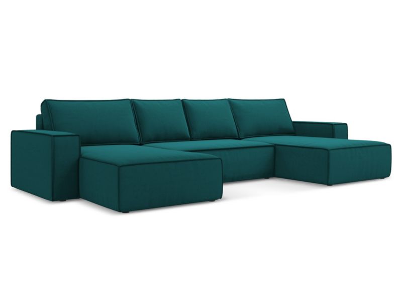 Sofa panoramiczna z funkcją spania Makamii Kimo z tkaniny welwetowej 398x185 cm morski 1 szt.