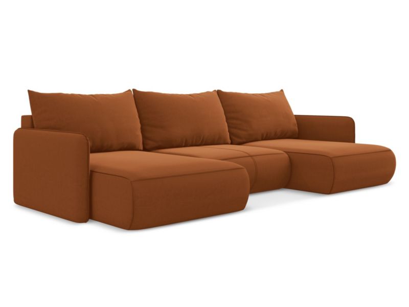 Sofa panoramiczna z funkcją spania Makamii Nanea z tkaniny welwetowej 290x148 cm terakota 1 szt.