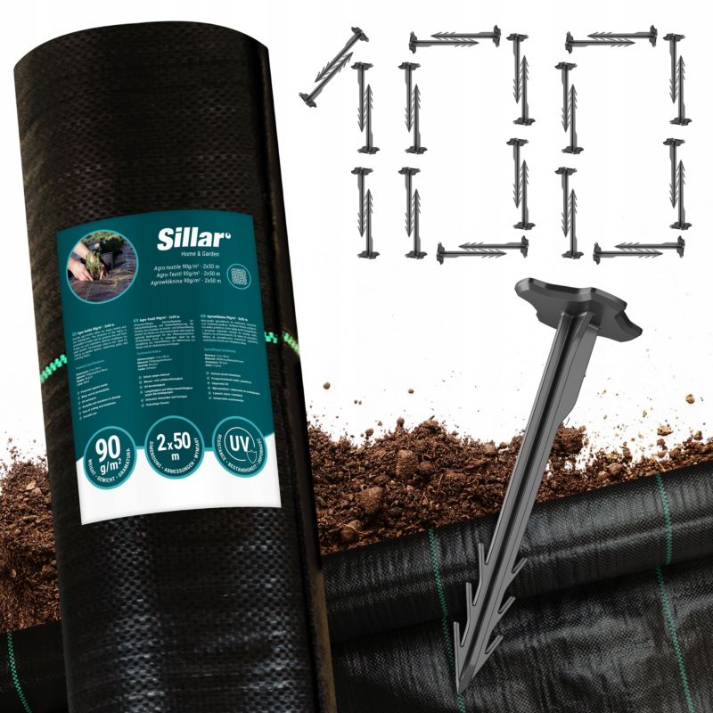 Agrotkanina, Sillar, antychwastowa, 90g/m2, 2x50m + Kotwy gruntowe, 100szt, 12cm, zestaw, 2szt