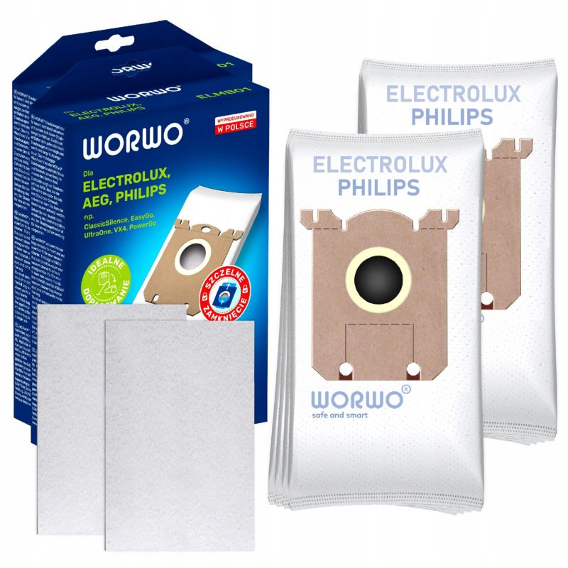 Worki do odkurzacza, Worwo, zamiennik do AEG Elektrolux UltraSilencer Ergospace 8szt + filtry wlotowe 2szt