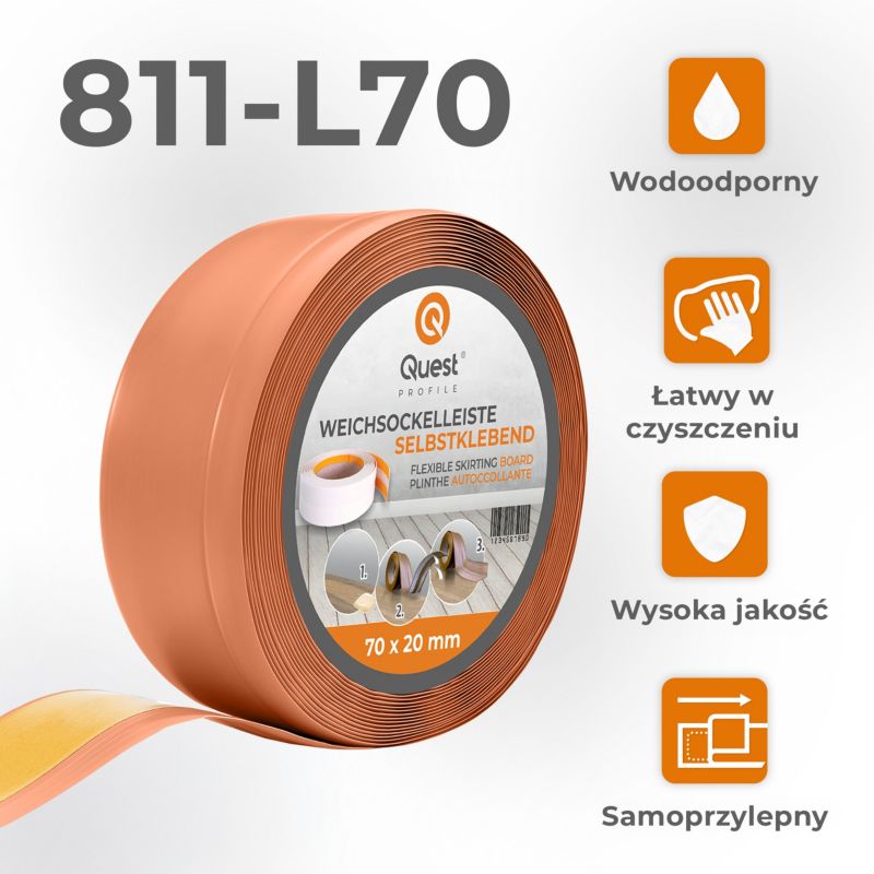 Listwa przypodłogowa PCV 70x20mm, QUEST, samoprzylepna elastyczna, miękka listwa podłogowa, cokołowa, ceglany, 5m