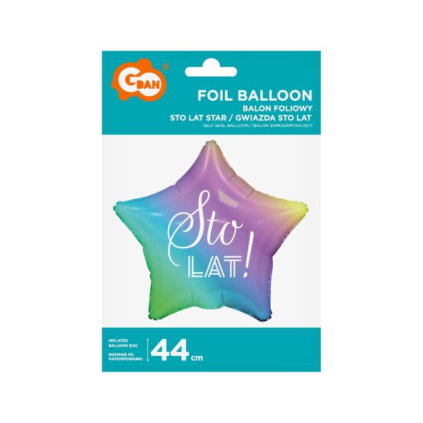 Balon foliowy Sto Lat, gwiazda gradient, nadruk biały, 19"