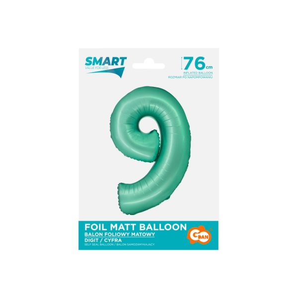 Balon foliowy Smart, Cyfra 9, miętowa matowa, 76 cm