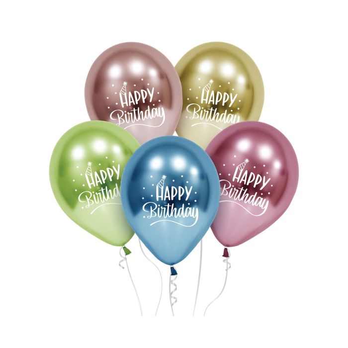 Balony Happy Birthday (platynowe), 12 cali, 5 sztuk