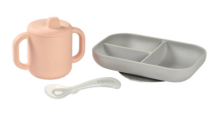 Beaba, Komplet naczyń z silikonu trójdzielny talerz z przyssawką + kubeczek z pokrywką z ustnikiem + łyżeczka Pink