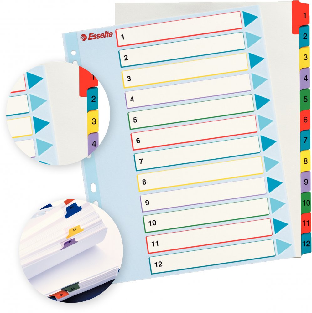 Przekładki do segregatora Esselte, kartonowe, numeryczne, A4+, 1-12 kart, mix kolorów