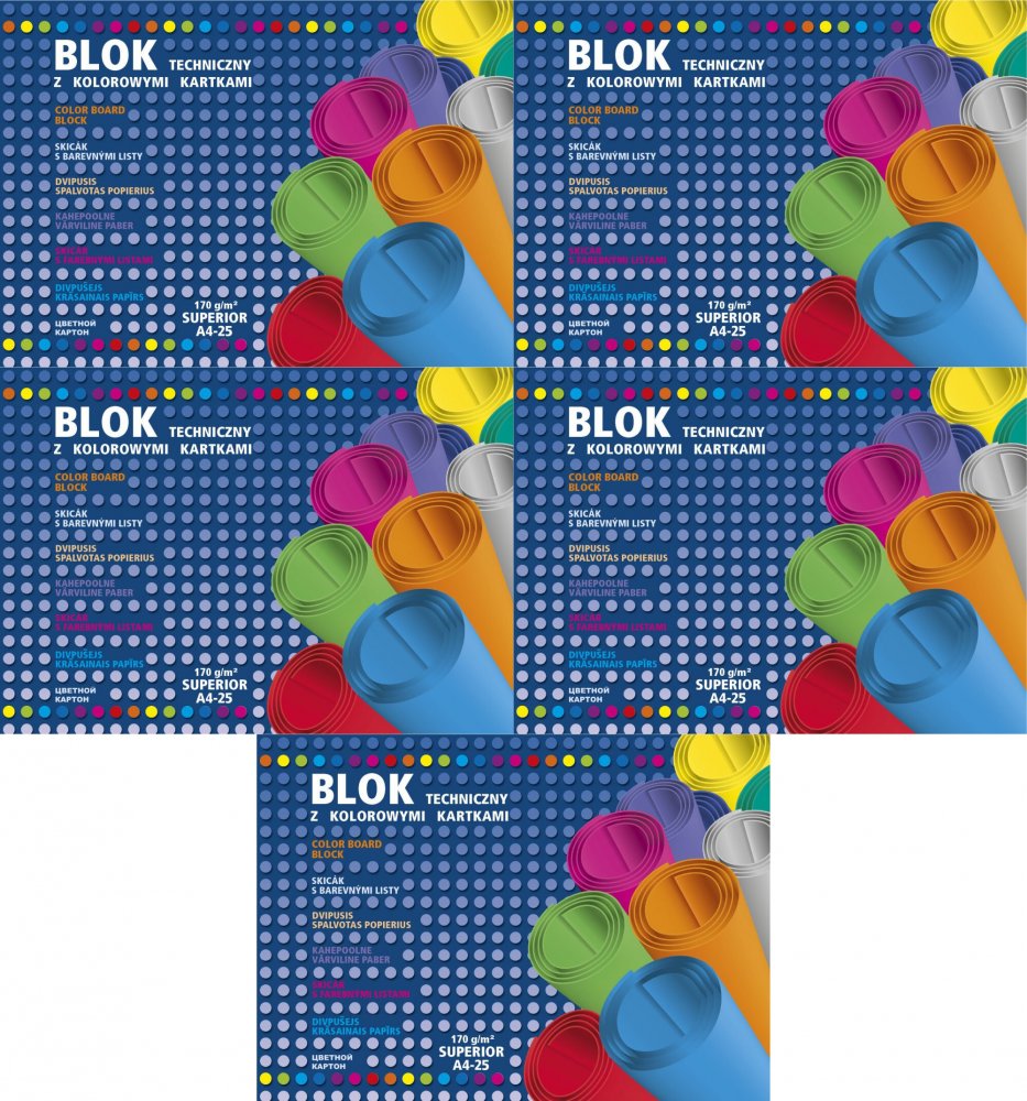 5x Blok techniczny Kreska Superior, A4, 25 kartek, kolorowy