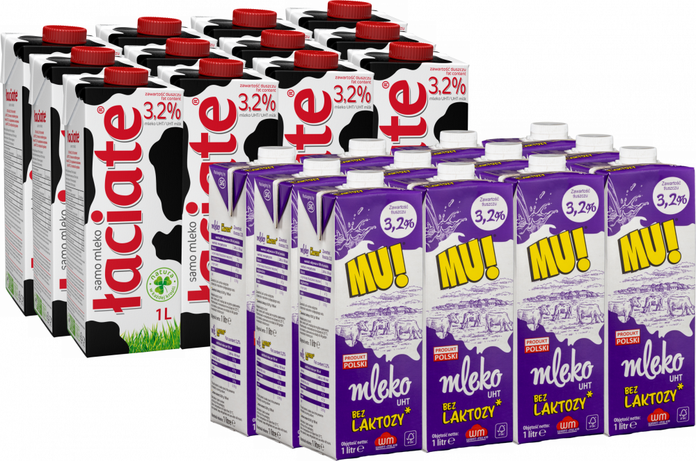 Zestaw: 12x Mleko UHT Łaciate, 3.2%, 1l + 12x Mleko UHT Wart-Milk MU!, bez laktozy, 3.2%, 1l