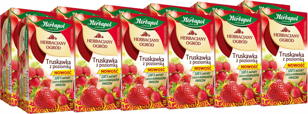 12x Herbata owocowa w torebkach Herbapol Herbaciany Ogród, truskawka z poziomką, 20 sztuk x 2.5g