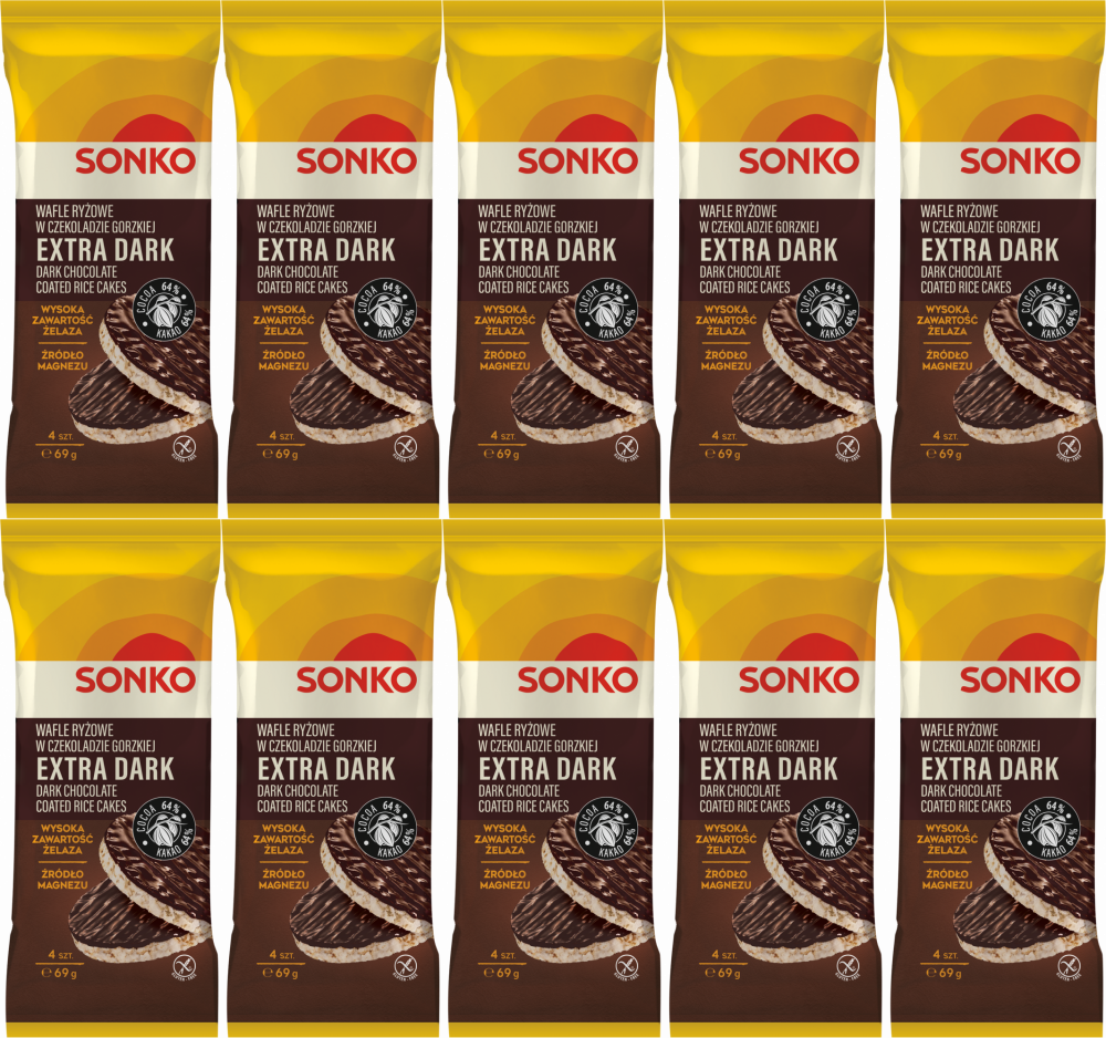 10x Wafle ryżowe Sonko Extra Dark, w czekoladzie gorzkiej, 4 sztuki, 69g