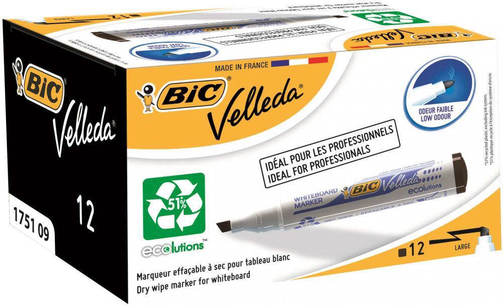 12x Marker suchościeralny Bic, Velleda, ścięta, czarny