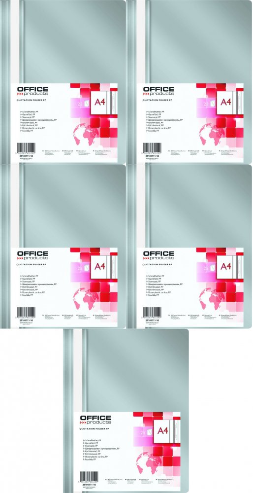 5x Skoroszyt plastikowy bez oczek Office Products, A4, do 200 kartek, szary