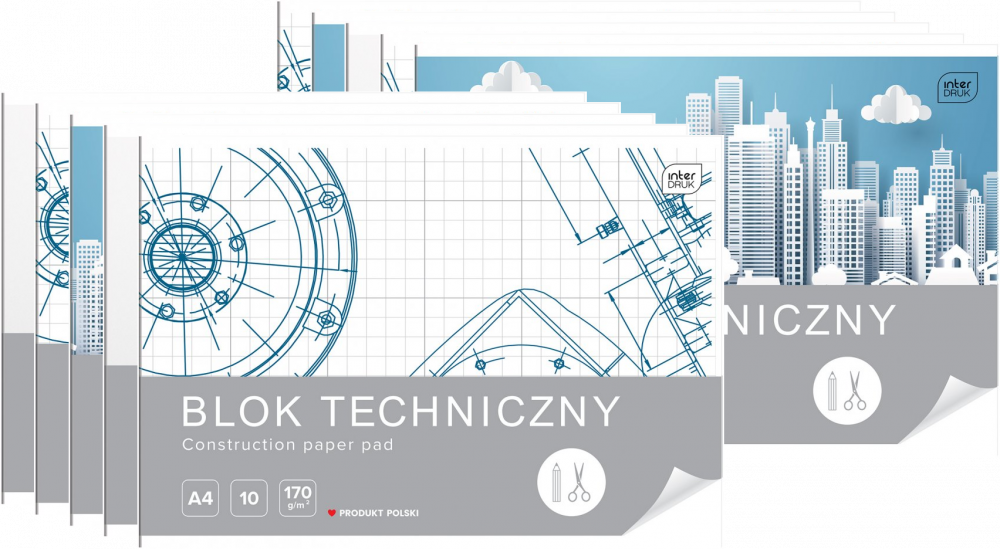 10x Blok techniczny Interdruk, A4, 10 kartek, biały, mix wzorów