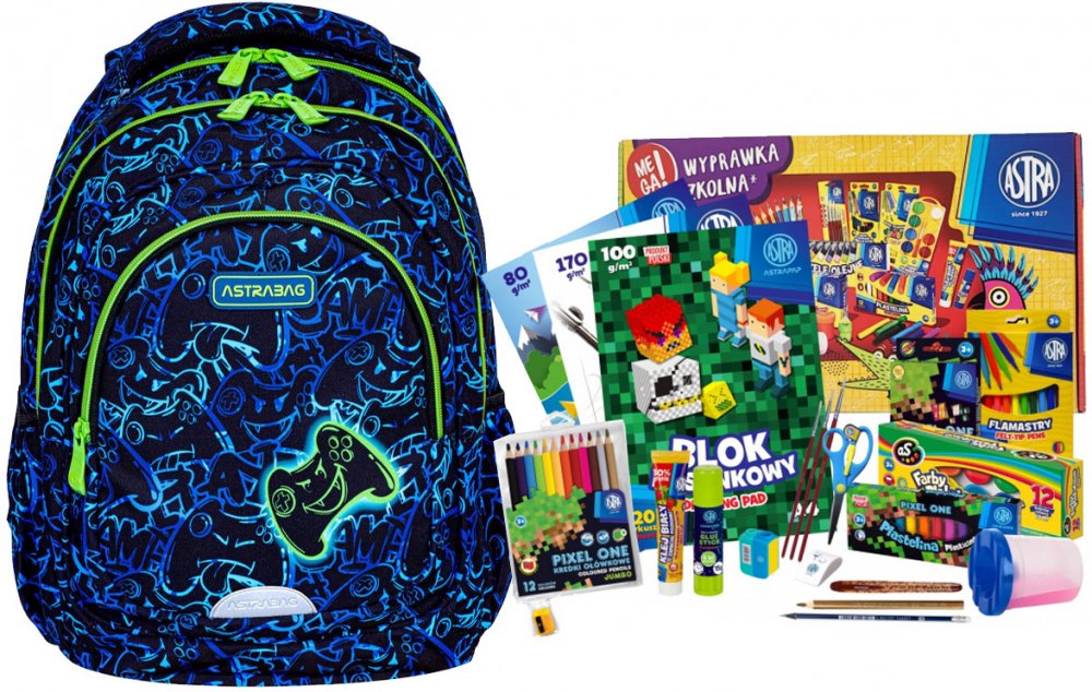 Zestaw: Plecak Astra Astrabag Gaming AB330 + wyprawka szkolna dla klas 1-3 Astra Pixel One (L), 21 elementów