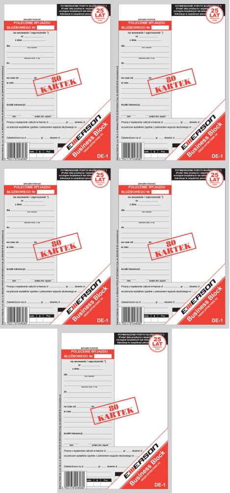 5x Druk akcydensowy Delegacja-polecenie wyjazdu służbowego Emerson DE-1, A5, offsetowy, 80k