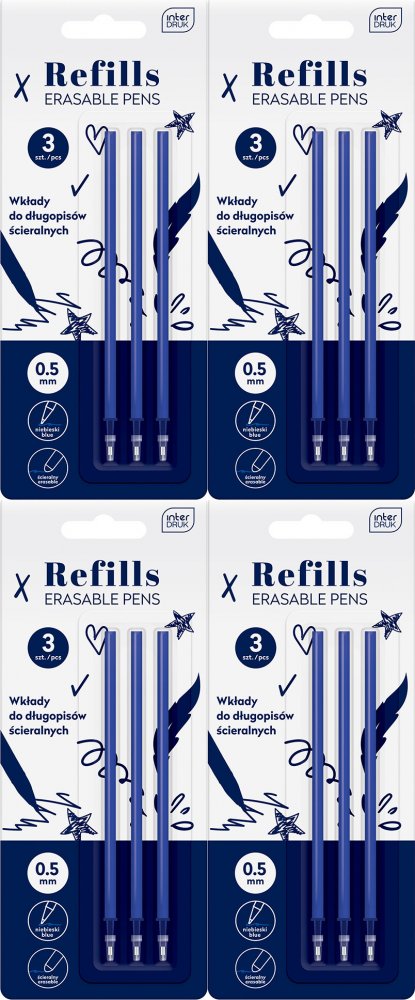 4x Wkłady do długopisów ścieralnych Interdruk, 0.5mm, 3 sztuki, niebieski