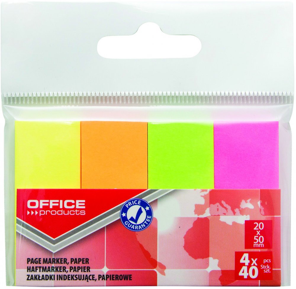 Zakładki samoprzylepne Office Products, proste, indeksujące , papier, 20x50mm, 4x40 sztuk, mix kolorów neonowych