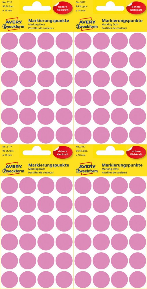 4x Etykiety Avery Zweckform, okrągłe, średnica 18mm, 96 sztuk, różowy