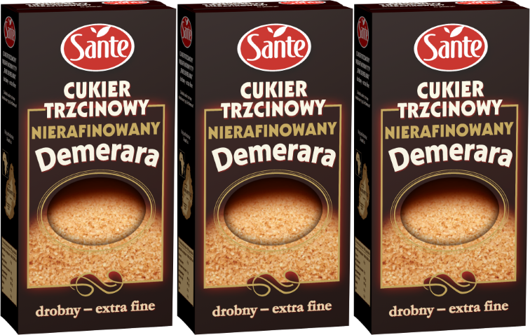 3x Cukier trzcinowy brązowy Sante Demerara, drobny, 500g