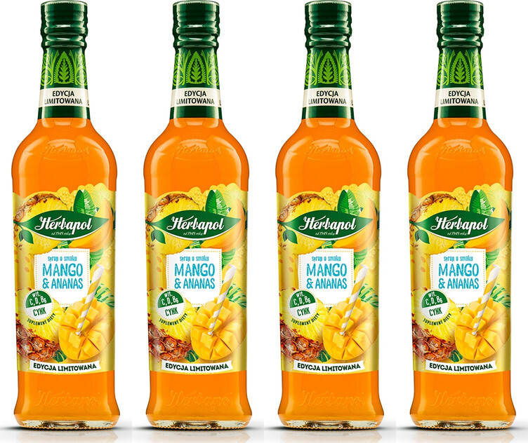 4x Syrop Herbapol Sezonowe Smaki, mango i ananas, 420ml