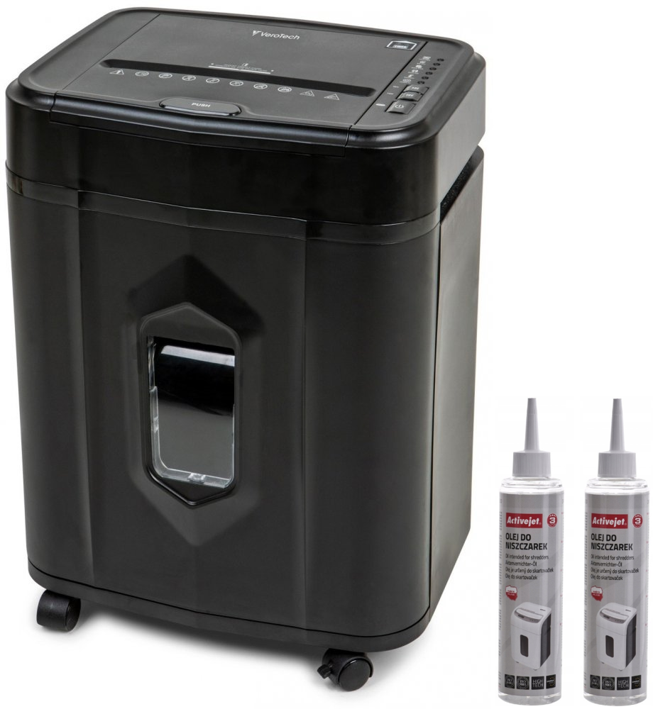 Zestaw Niszczarka automatyczna VeroTech VS-120AF, ścinek 4x12mm, 120 kartek, P-4/T-4 DIN, czarny + 2x Olej do niszczarek Activejet ASO-250, 250ml
