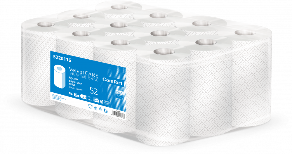 12x Ręcznik papierowy VelvetCARE Professional Mini, 2-warstwowy, 52m, biały