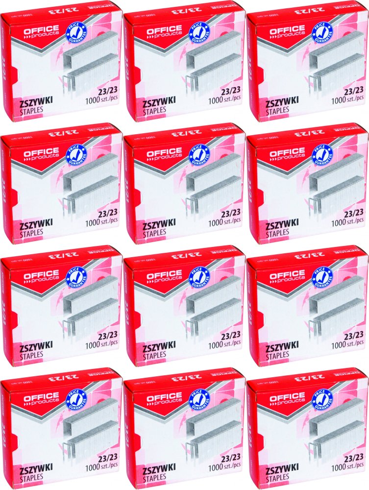 12x Zszywki Office Products, 23/23, 1000 sztuk, srebrny