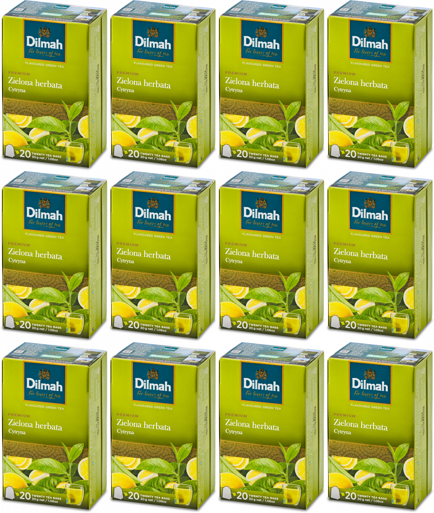 12x Herbata zielona smakowa w torebkach Dilmah, cytryna, 20 sztuk x 1.5g