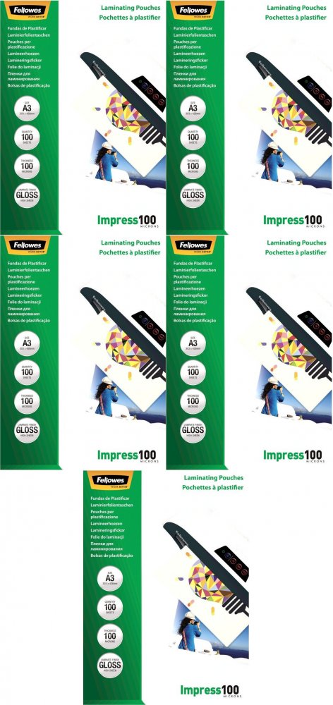 5x Folia do laminowania Fellowes, A3, 2x100 μm, 100 sztuk