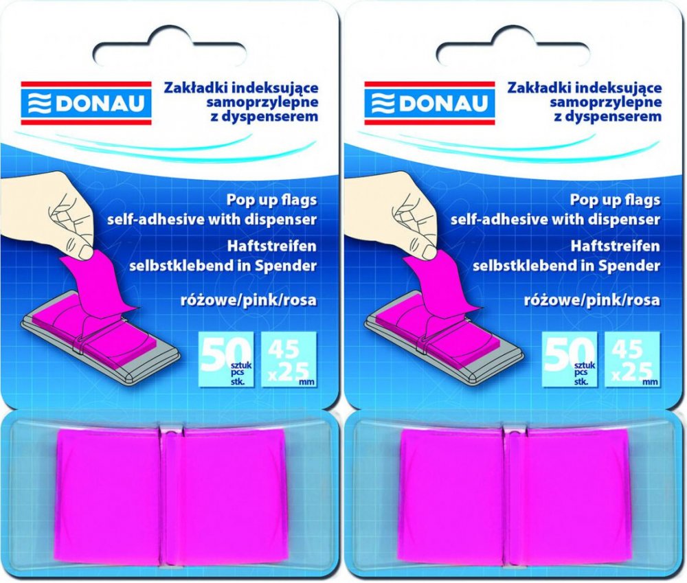 2x Zakładki samoprzylepne Donau, indeksujące, 25x45mm, 1x50 sztuk, różowy