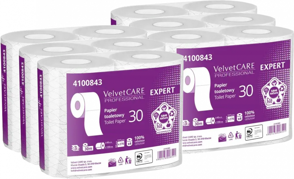 6x Papier toaletowy VelvetCARE Professional, 3-warstwowy, 30m, 4 rolki, biały