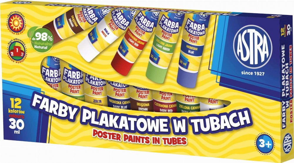 Farby plakatowe Astra, w tubkach, 30ml, 12 sztuk, mix kolorów
