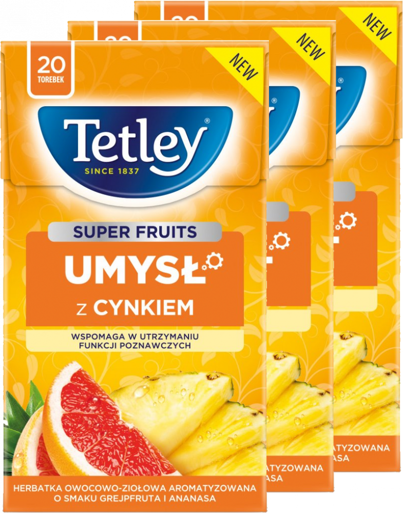 3x Herbata funkcjonalna w torebkach Tetley Super Fruits Umysł z cynkiem, grejpfrut i ananas, 20 sztuk x 2g
