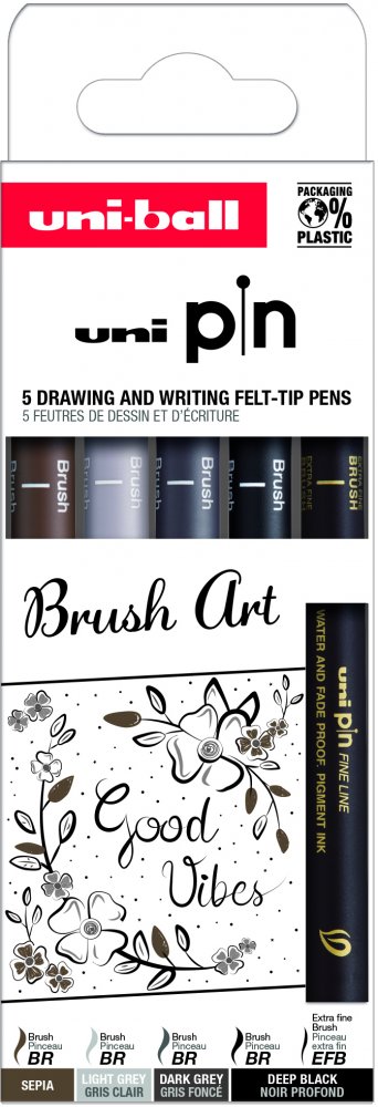 Zestaw cienkopisów kreślarskich Uni PIN-200 Brush Art, 5 sztuk, mix kolorów