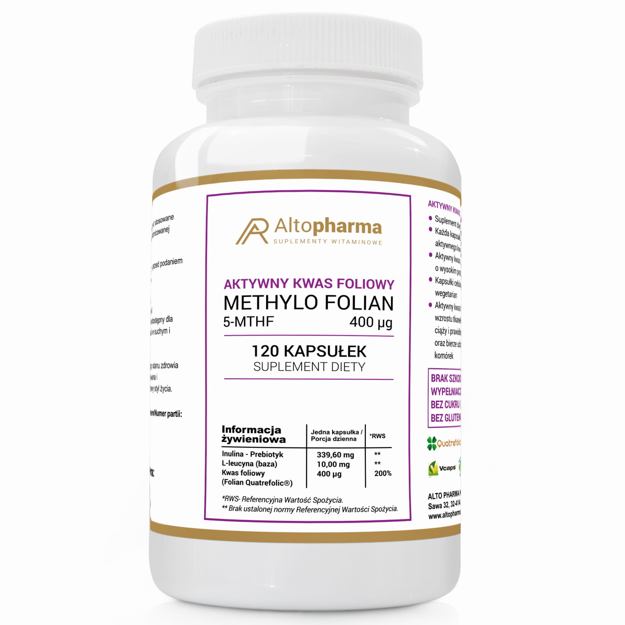 Aktywny kwas foliowy - Methylo Folian 400mcg Witamina B9 120kaps Altopharma