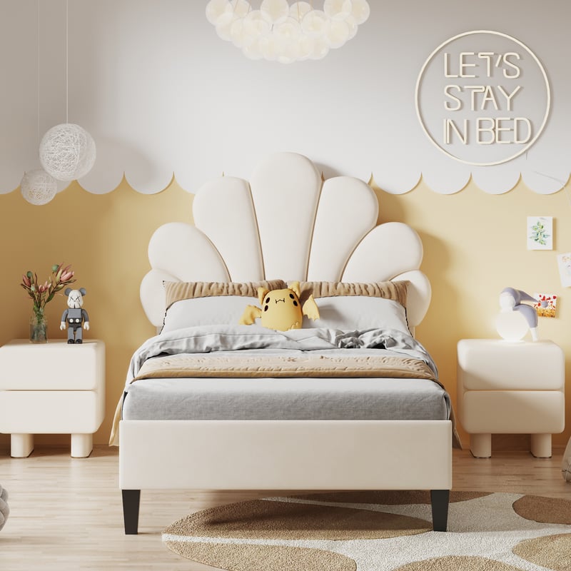 Łóżko dziecięce tapicerowane 90 x 200 cm, rama łóżka z wezgłowiem w kształcie kwiatka i stelażem z listew, łóżko gościnne, beżowe