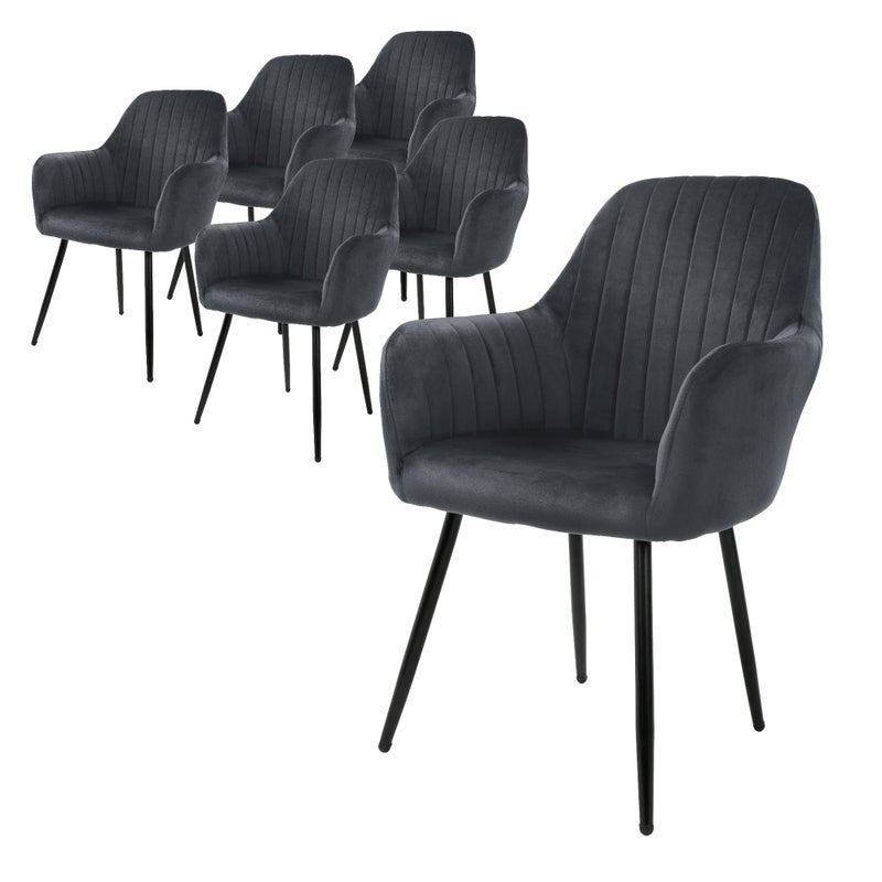 ML-Design zestaw 6 krzesel do jadalni z oparciem i podlokietnikami, szare, krzesla kuchenne z aksamitnym obiciem, krzesla tapicerowane z metalowymi