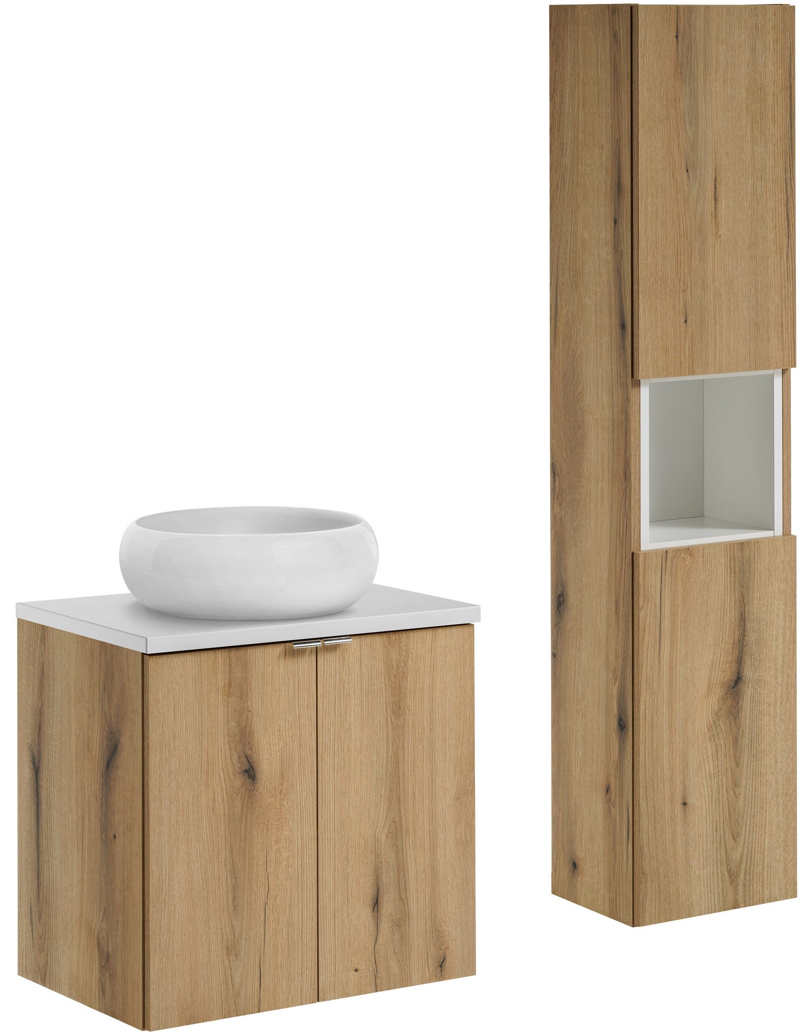 Zestaw Comad Nova Oak/White szafka z blatem 60 cm i umywalka Wiki 36x36 cm biała z szafką boczną wysoką dąb/biały SET-NOA B WHITE ...