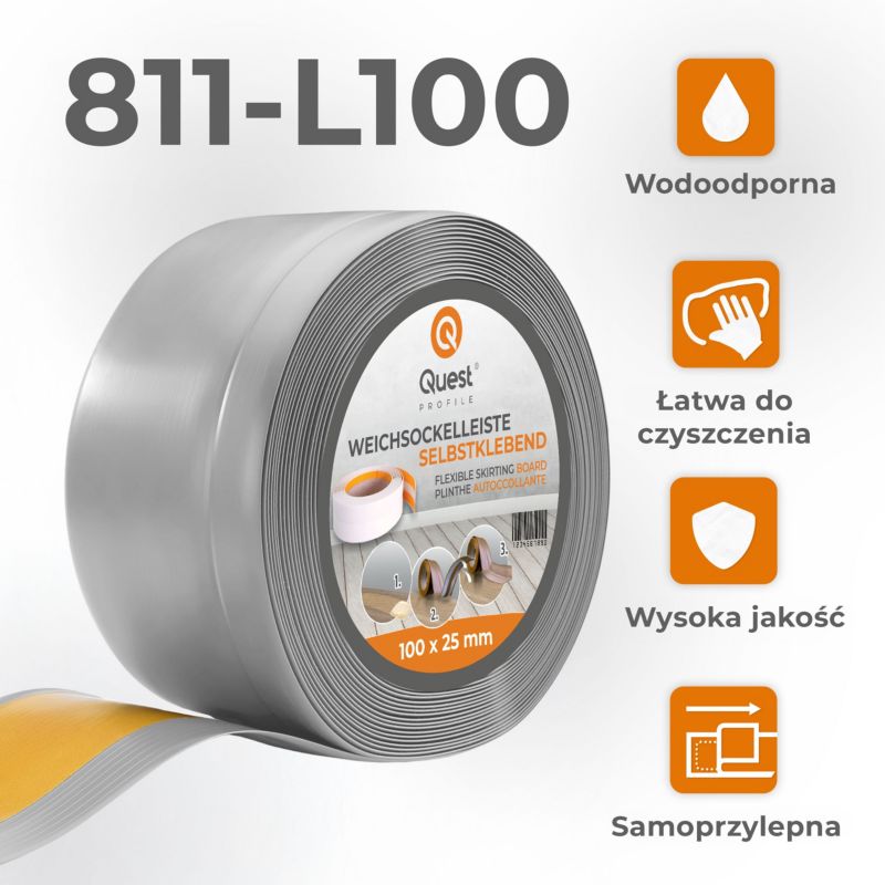 Listwa przypodłogowa PCV 100x25mm, QUEST, samoprzylepna elastyczna, miękka listwa podłogowa, cokołowa, szary, 15m