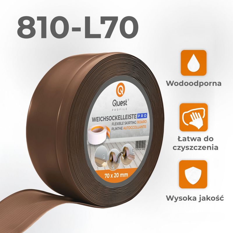 Listwa przypodłogowa PCV 70x20mm, QUEST, elastyczna, miękka listwa podłogowa, cokołowa, brąz, 20m