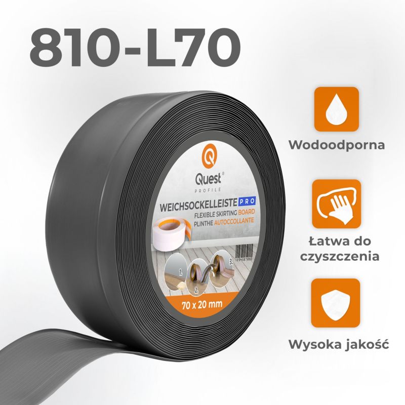 Listwa przypodłogowa PCV 70x20mm, QUEST, elastyczna, miękka listwa podłogowa, cokołowa, ciemnoszary, 20m